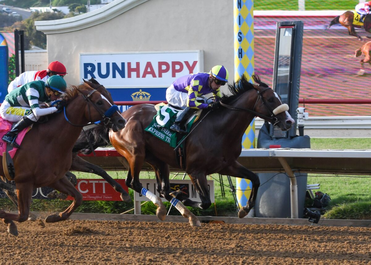 CRK Stable’s Express Train leading Tripoli (outside) in the Grade II, $250,000 San Diego Handicap.