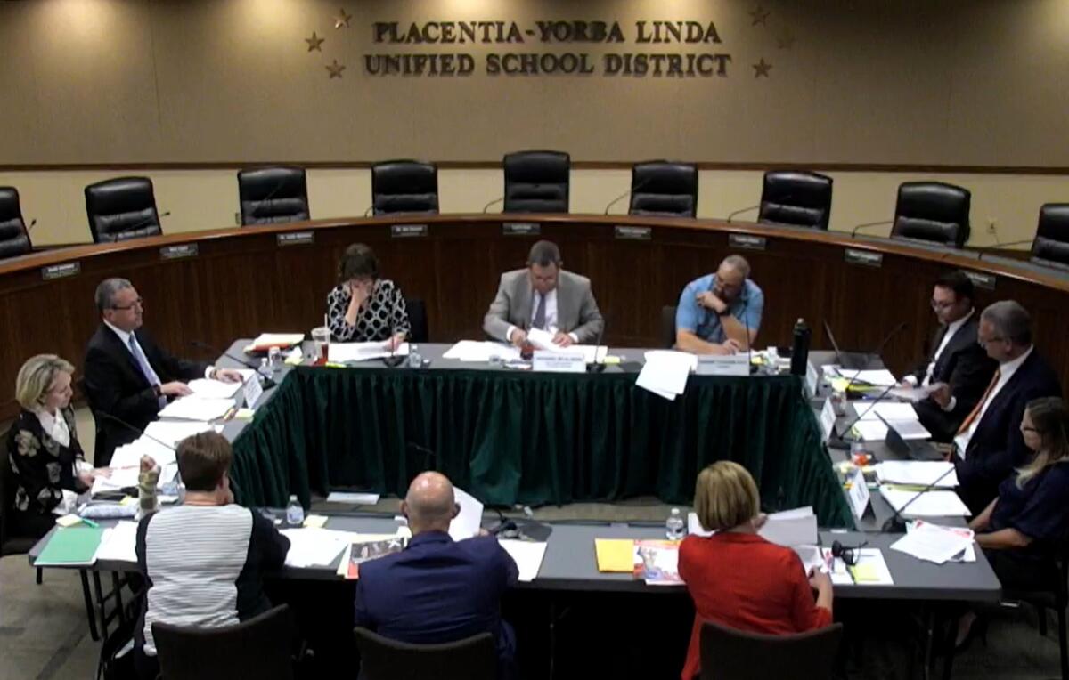 Placentia-Yorba Linda Unified School District trustees and officials in a special study session.