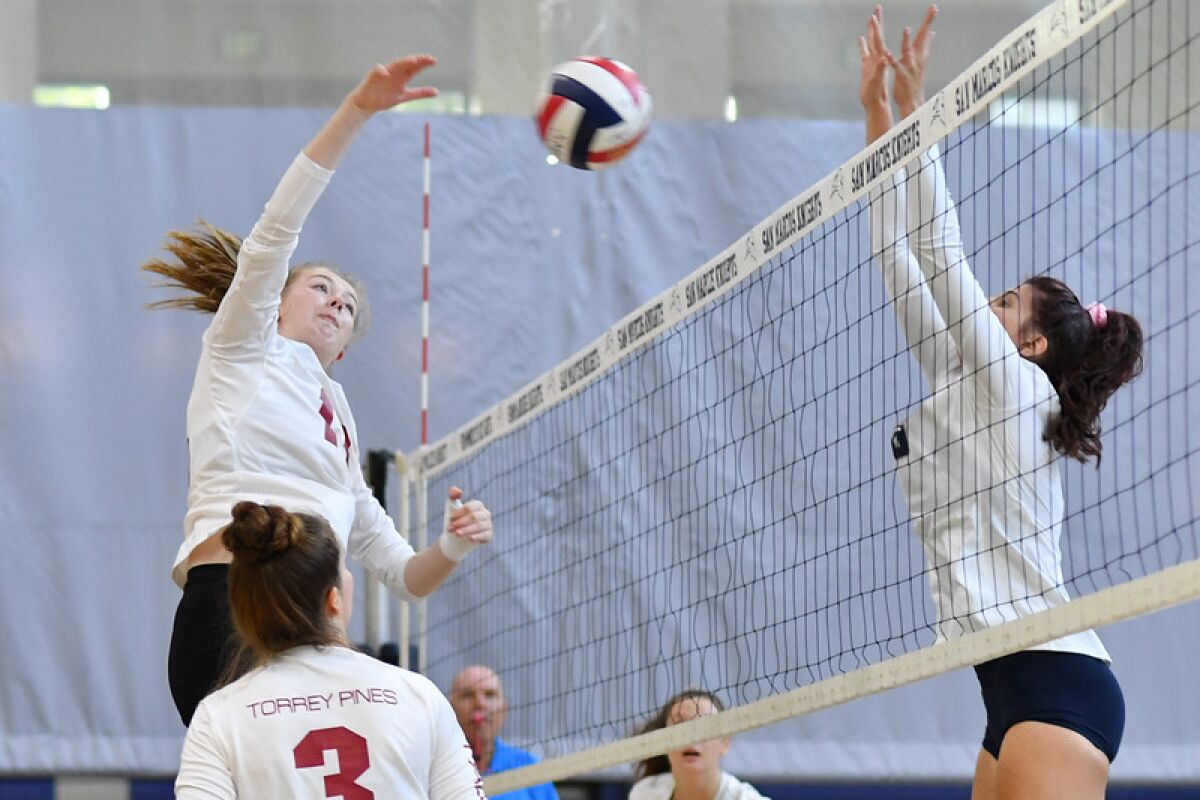 The Torrey Pines girls volleyball team triumphed over San Marcos 25-22, 25-19, 24-26, 25-23 in an Avocado League West match on Oct. 18.
