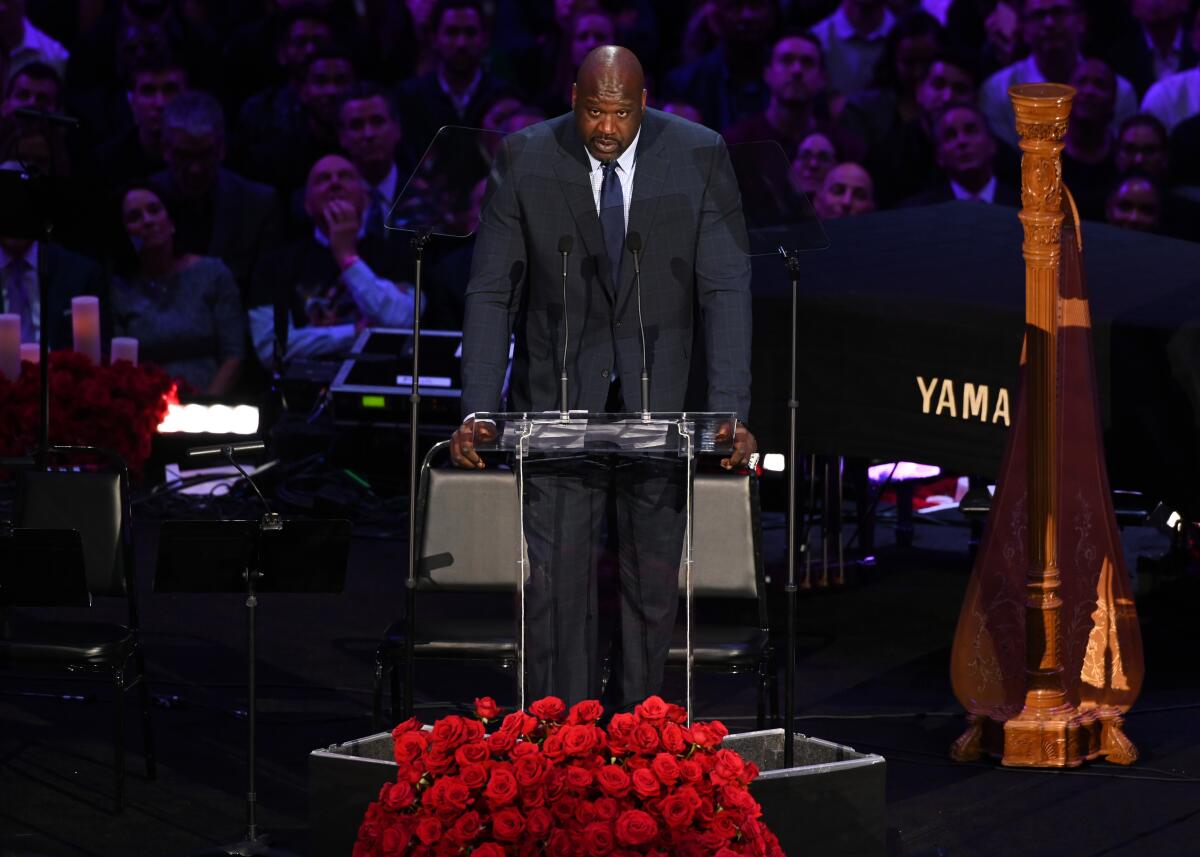 NBA legend Shaquille O'Neal speaks at the Kobe and Gianna Bryant memorial service at Staples Center on Monday.