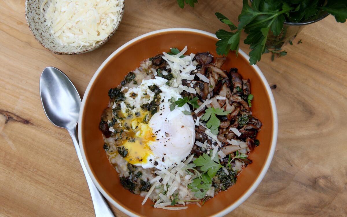 Barley porridge with mushrooms, herbs and poached egg