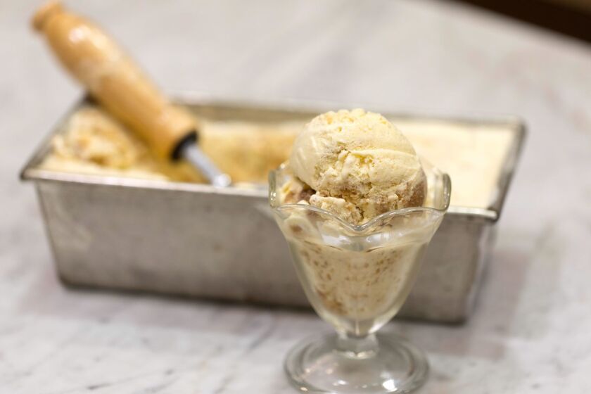 Roasted apple ice cream, made and photographed in the Los Angeles Times Test Kitchen. Credit: Calvin B. Alagot / Los Angeles Times
