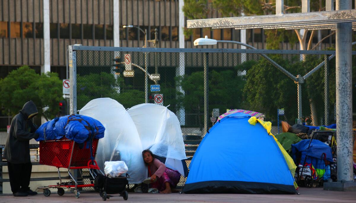 A homeless camp near City Hall in downtown Los Angeles.