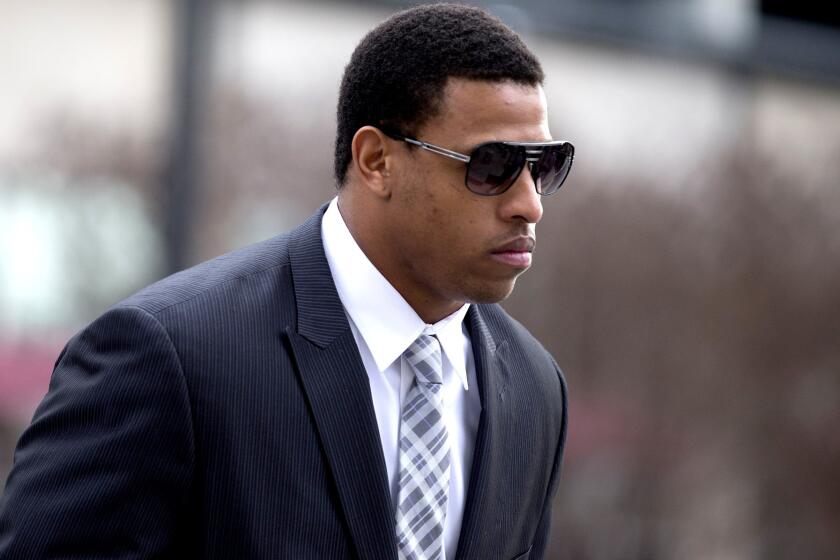 Carolina Panthers defensive end Greg Hardy arrives at the Mecklenburg County Courthouse in Charlotte, N.C., on Feb. 9.
