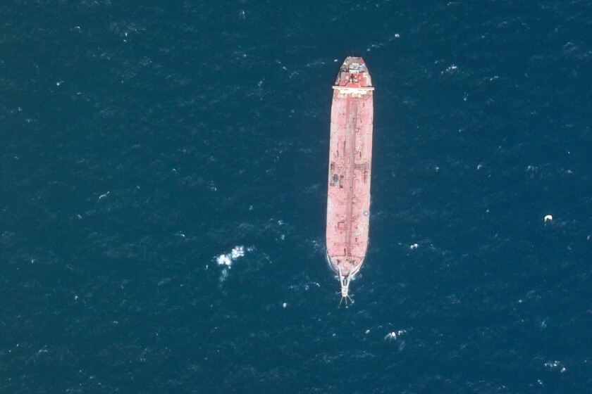 This satellite image provided by Planet Labs PBC shows FSO Safer in the Red Sea off the coast of Yemen, Jan. 9, 2022. A 42-page Greenpeace report warned Thursday, Jan. 27, 2022, of a potential major oil leak or explosion on the aging oil tanker. The rusting, neglected Japanese-built tanker has been moored in its location 6 kilometers (3.7 miles) away from Yemen’s western Red Sea port of Ras Issa since the 1980s, when it was sold to the Yemeni government. (Planet Labs PBC via AP)
