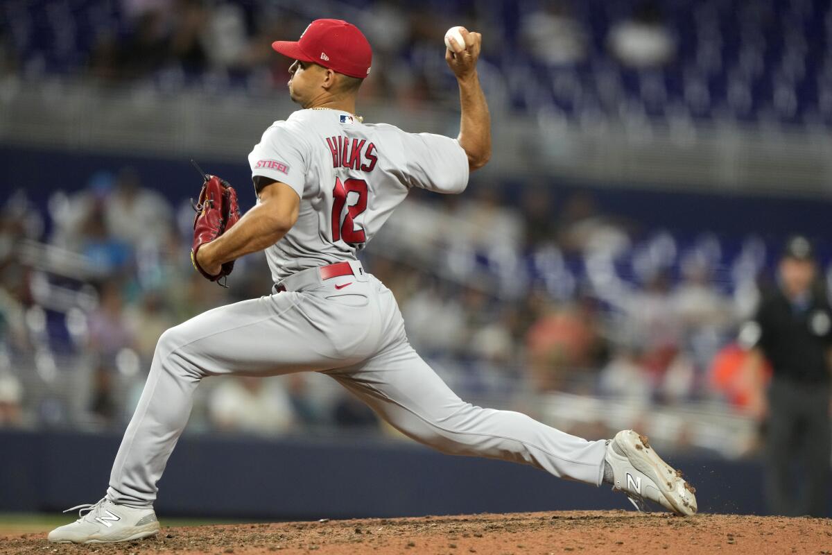 St. Louis Cardinals relief pitcher Jordan Hicks throws against the Miami Marlins on July 5, 2023, in Miami.