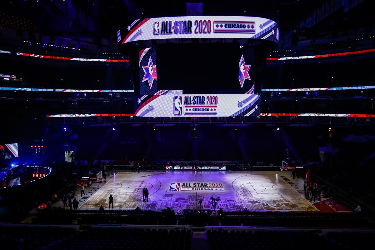 Workers stand on the court at United Center before the NBA All-Star basketball game Sunday, Feb. 16, 2020, in Chicago. (AP Photo/Nam Huh)