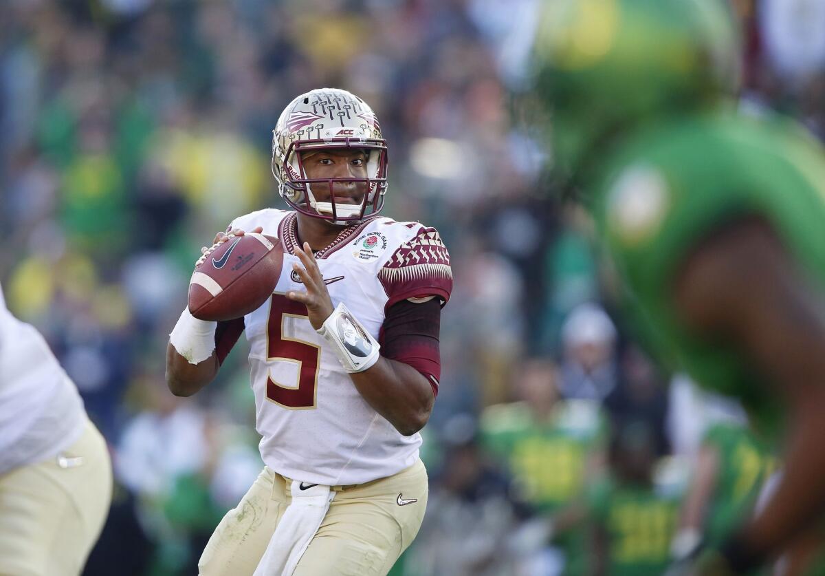 Florida State quarterback Jameis Winston drops back to pass against Oregon during the Rose Bowl on Jan. 1.