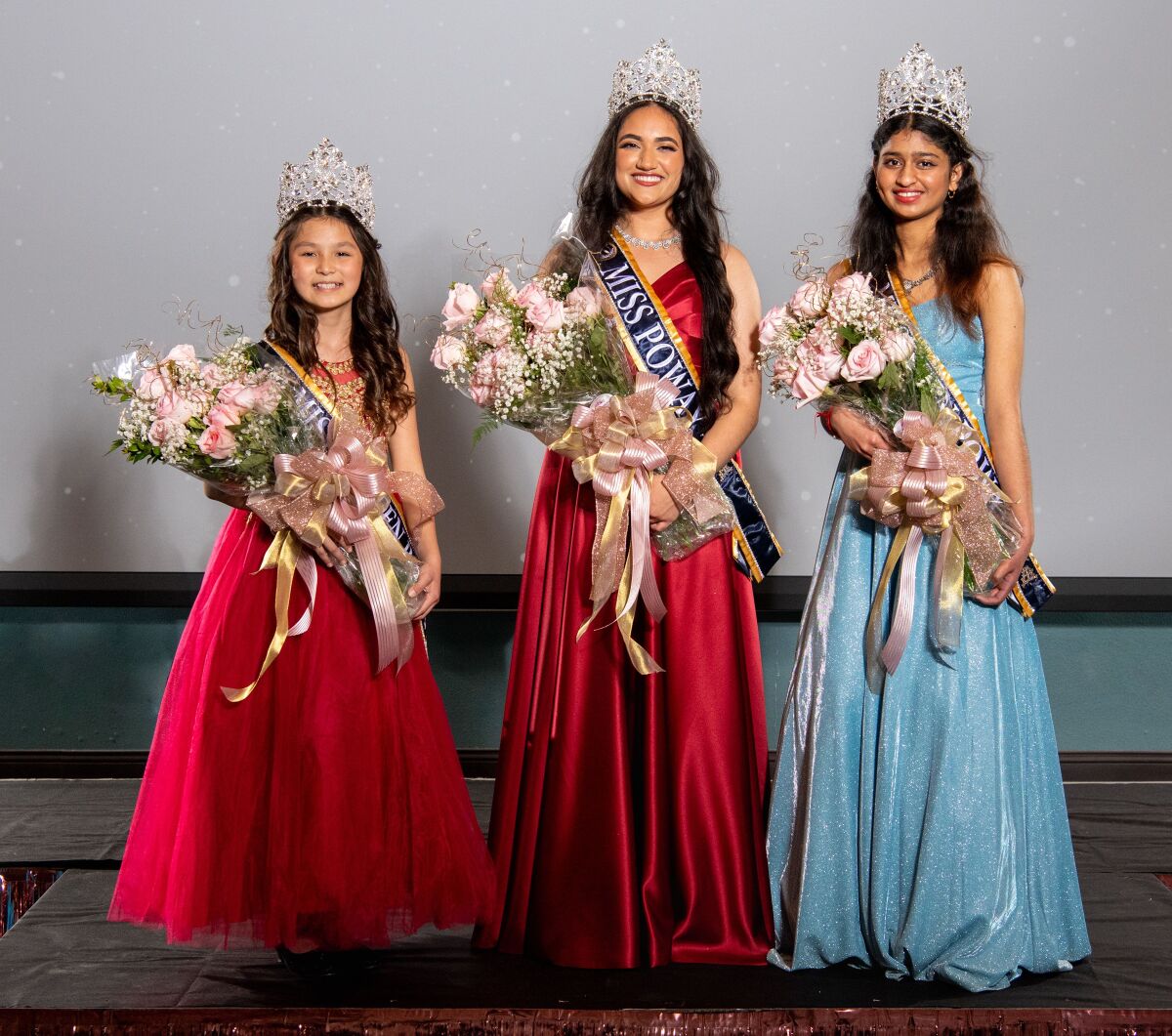 The 2023 queens — Miss Junior Teen Poway Emma Polston, Miss Poway Karoshi Nanavati and Miss Teen Poway Rishika Kulkarni.