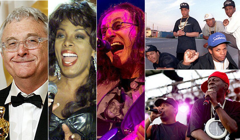 Left to right: Randy Newman (Matt Sayles / AP); Donna Summer (Jeff Christensen / Reuters); Geddy Lee of Rush (Zia Nizami/Belleville News-Democrat); N.W.A. (Top - Los Angeles Times); and Chuck D. and Flavor Flav of Public Enemy (bottom - Karl Walter / Getty Images).