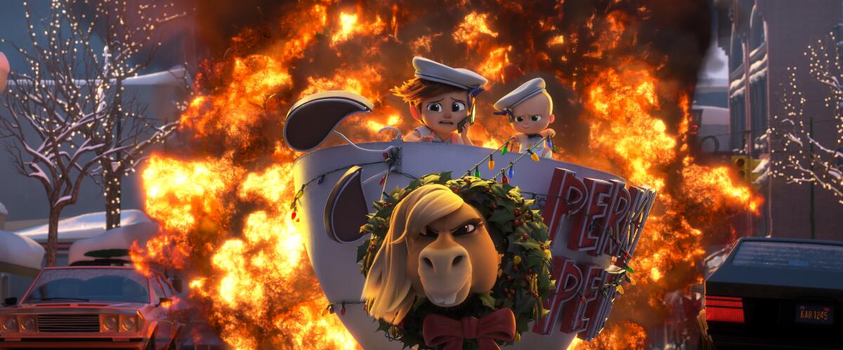 A young boy and a baby on the back of a horse in front of a fireball in an animated scene.