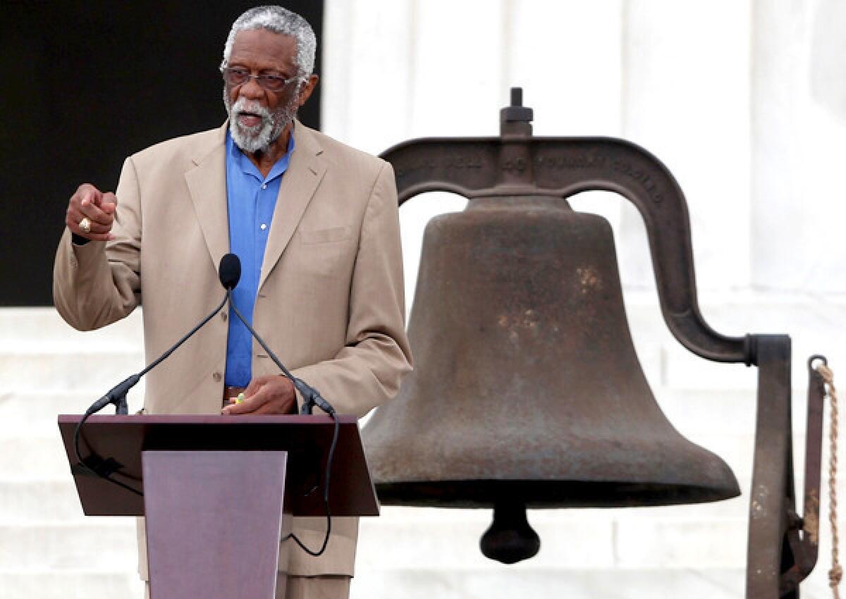 Former Boston Celtics center Bill Russell speaks during the 50th anniversary celebration of the March on Washington by Martin Luther King Jr. and civil rights activists.