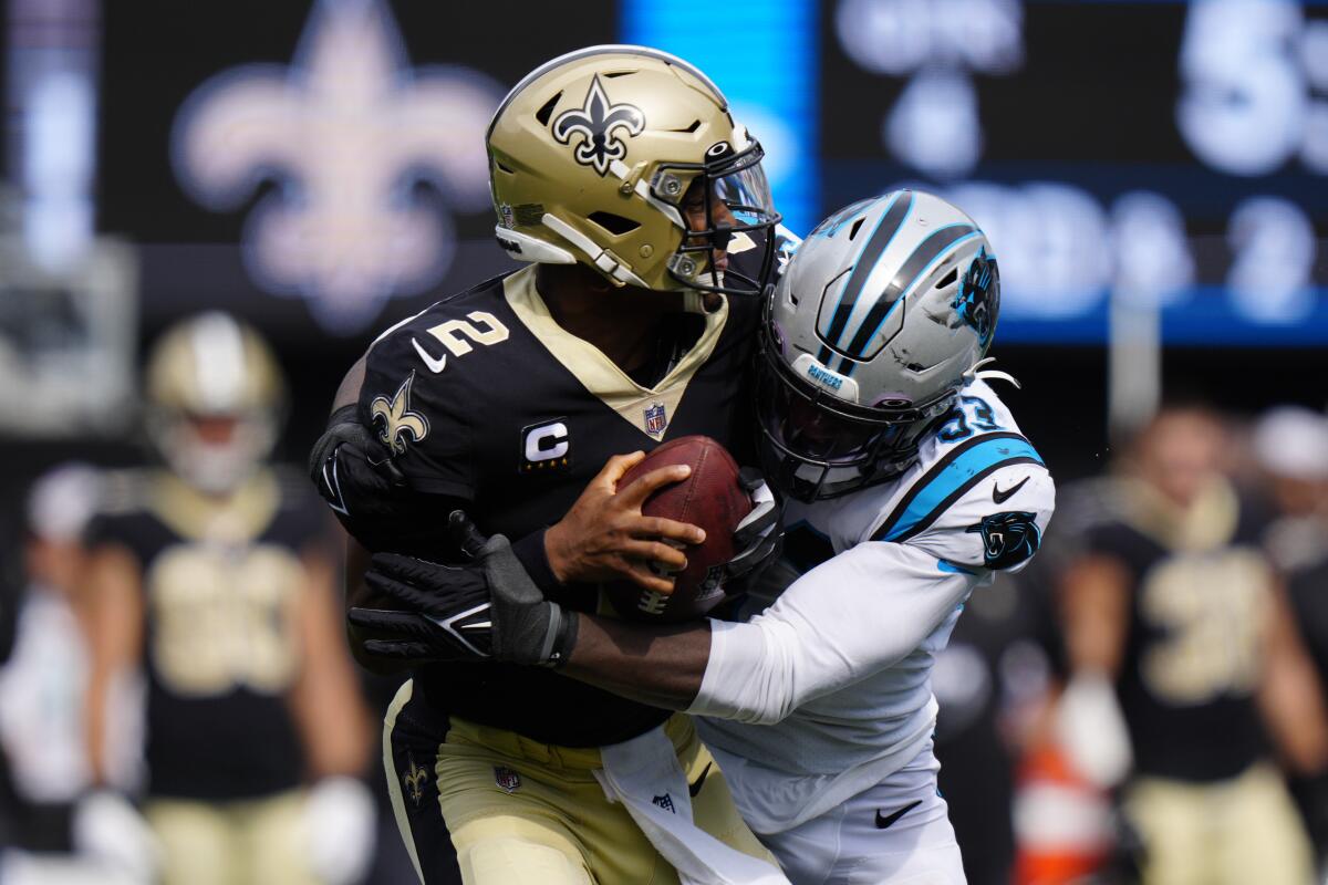 Carolina Panthers Jaycee Horn intercepts Jameis Winston pass