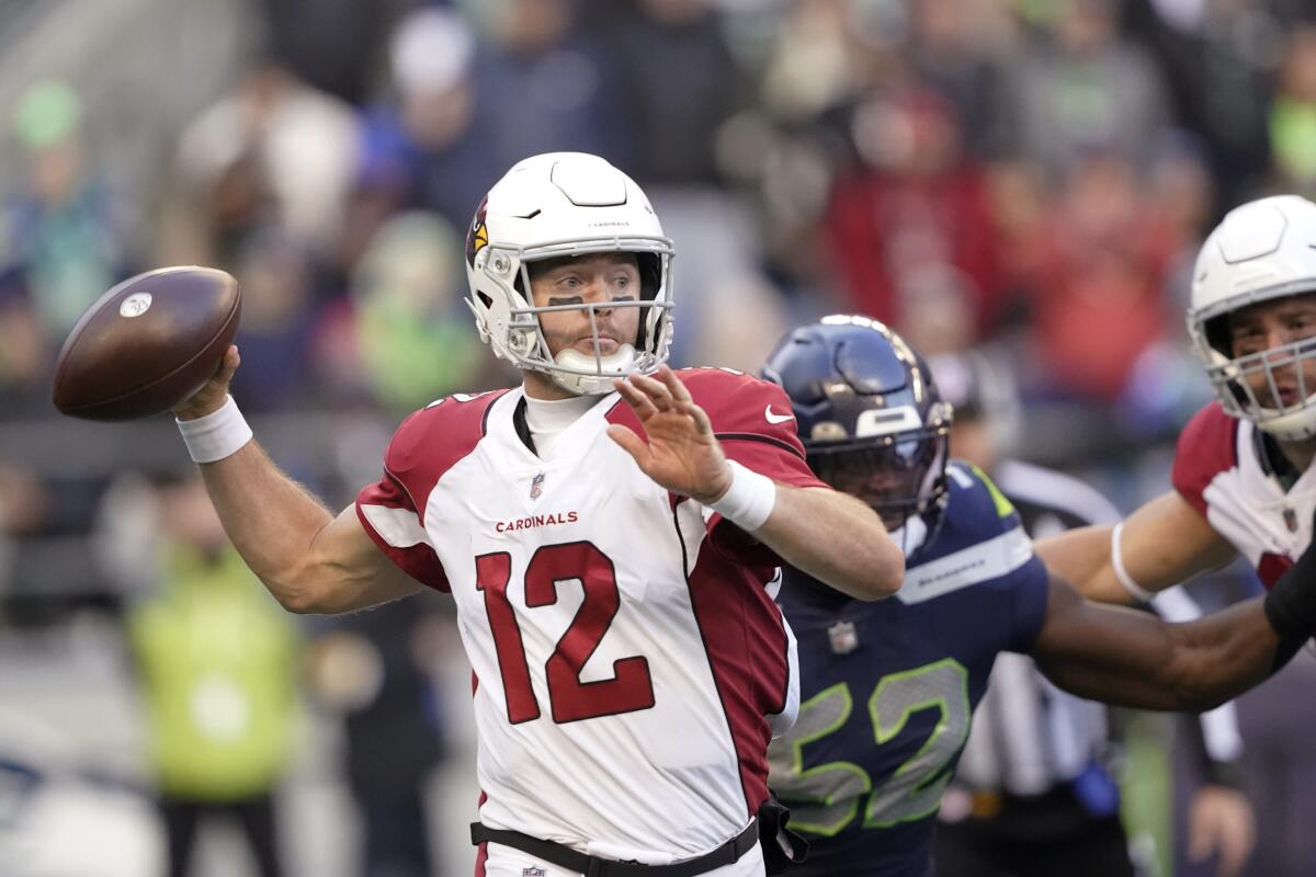 Arizona Cardinals quarterback Colt McCoy passes against the Seattle Seahawks on Sunday.