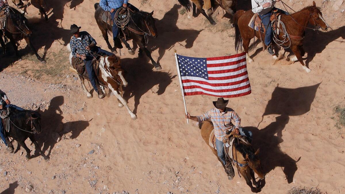 The Bundy family and their supporters fly the American flag as their cattle is released by the Bureau of Land Management back onto public land outside of Bunkerville, Nev. on April 12, 2014.