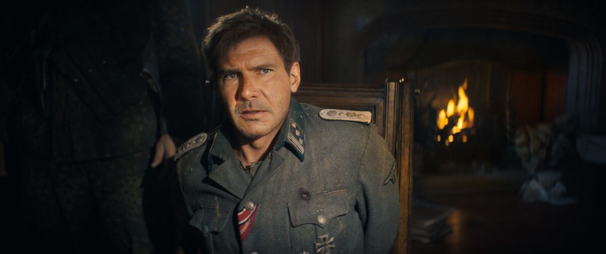 A digitally aged Harrison Ford in the film "Indiana Jones and the Dial of Destiny."