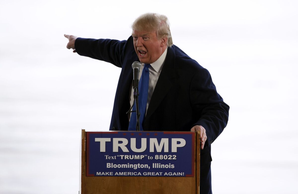 Republican presidential candidate Donald Trump speaks at a rally in Bloomington, Ill., on March 13.
