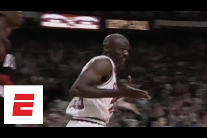 Michael Jordan shrugs after making six 3’s in first half of 1992 Finals Game 1 | ESPN Archives