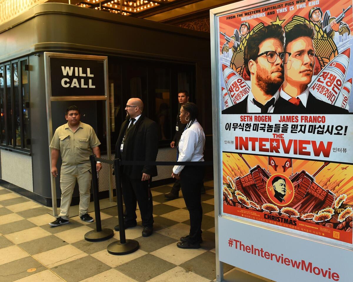 Security is seen outside The Theatre at Ace Hotel before the Los Angeles premiere of "The Interview" on Dec. 11.