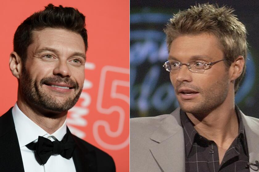 Ryan Seacrest in 2015, left, and on the first season of "American Idol," right, in 2002. "This show's been a big part of my life for so long... hard to imagine it w/out it," he tweeted Monday after it was announced that the show would end in 2016.