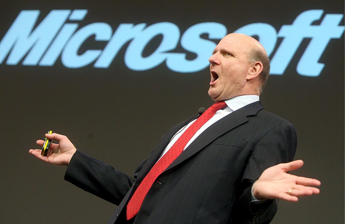 Microsoft CEO Steve Ballmer speaks during a press conference at the IT trade fair CeBit in Hanover, Germany, 03 March 2008.