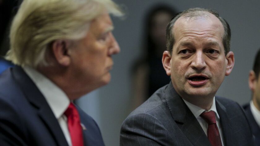 No hero to low-wage workers: Secretary of Labor Alex Acosta, seen here with President Trump, opposes a rise in the federal minimum wages.