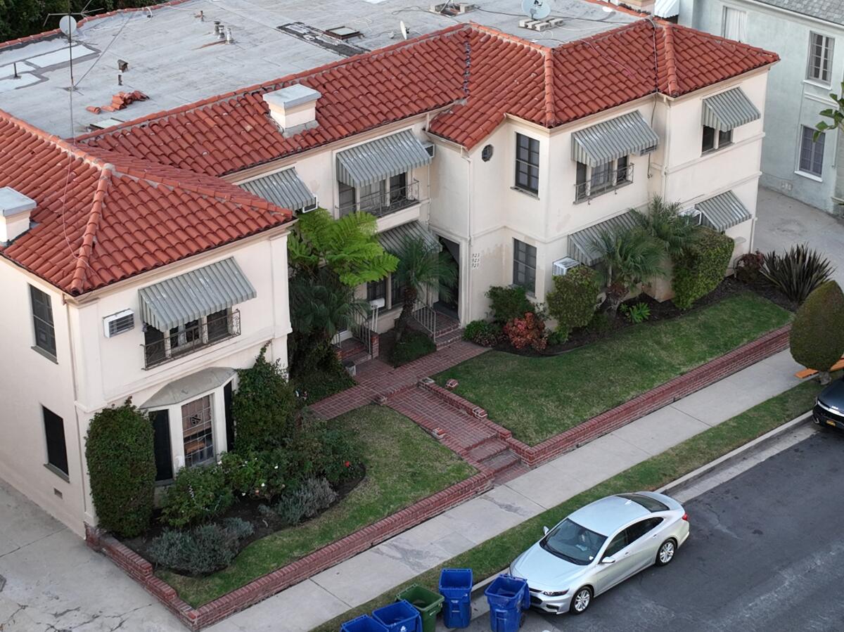 An aerial view of a two-story residential building.