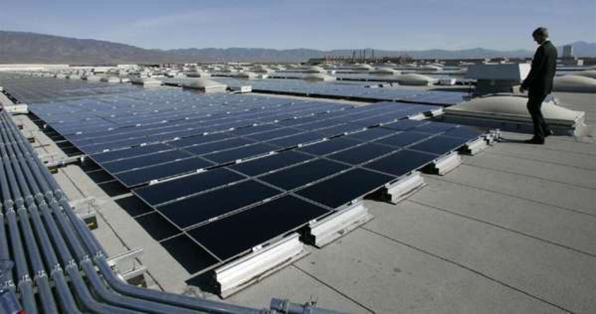 Solar panels on a warehouse rooftop