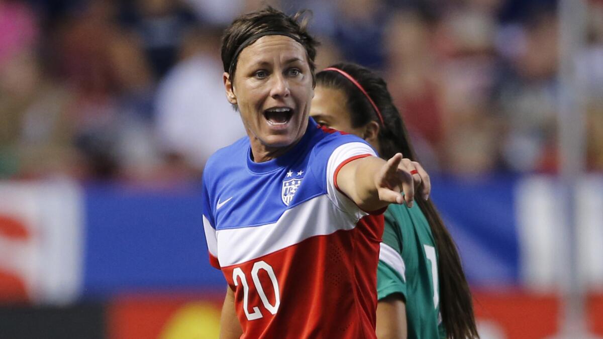 U.S. women's national team forward Abby Wambach points toward an official during an international friendly against Mexico on Sept. 13.