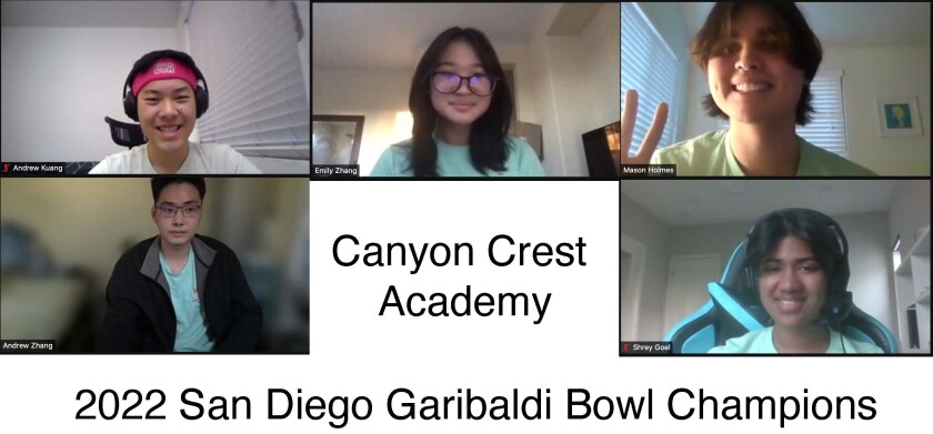 The winning Garibaldi Bowl team from CCA included Mason Holmes, Emily Zhang, Andrew Kuang, Andrew Zhang and Shrey Goel.