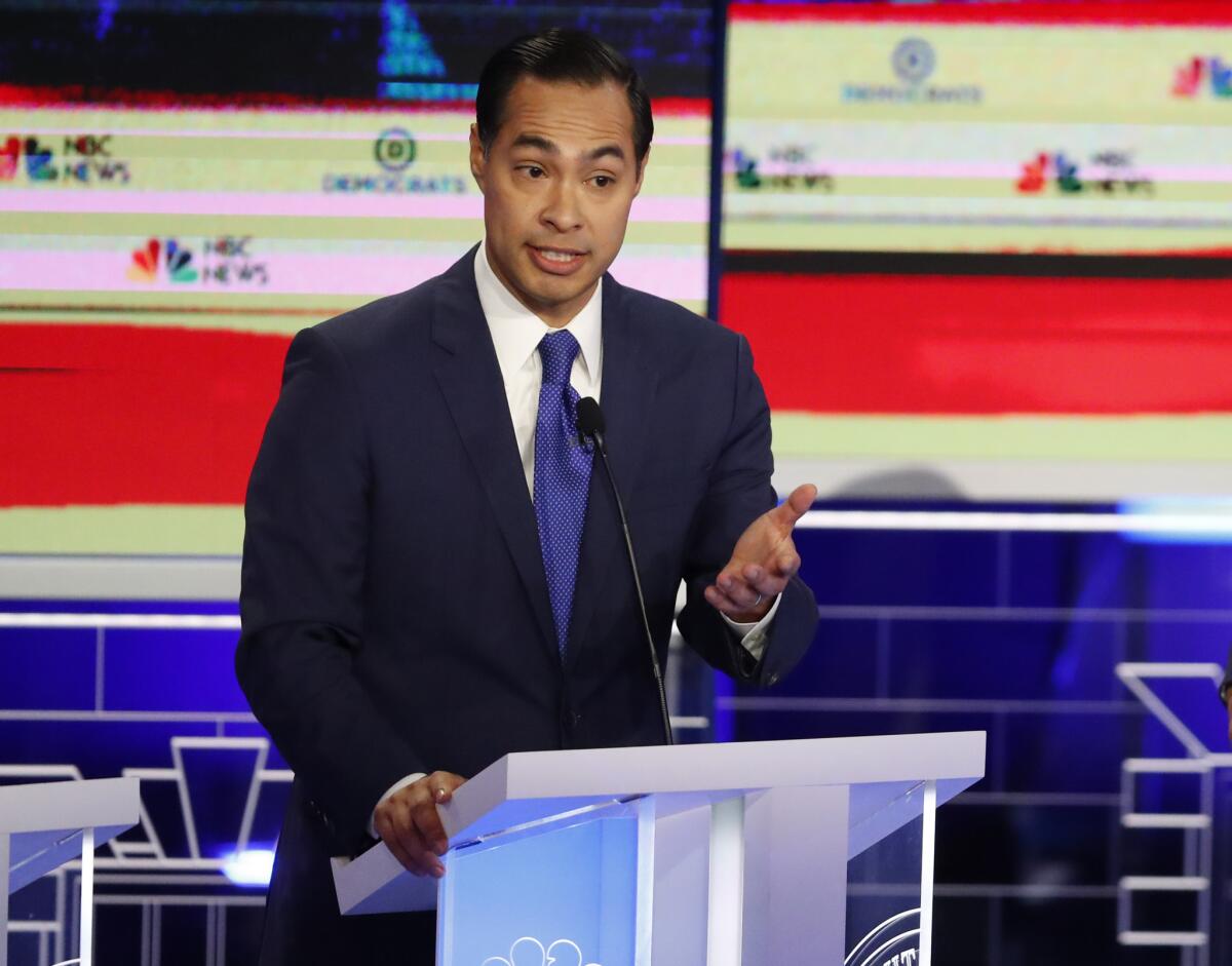 Former Housing Secretary Julián Castro speaks during the first night of the Democratic primary debate on Wednesday in Miami.