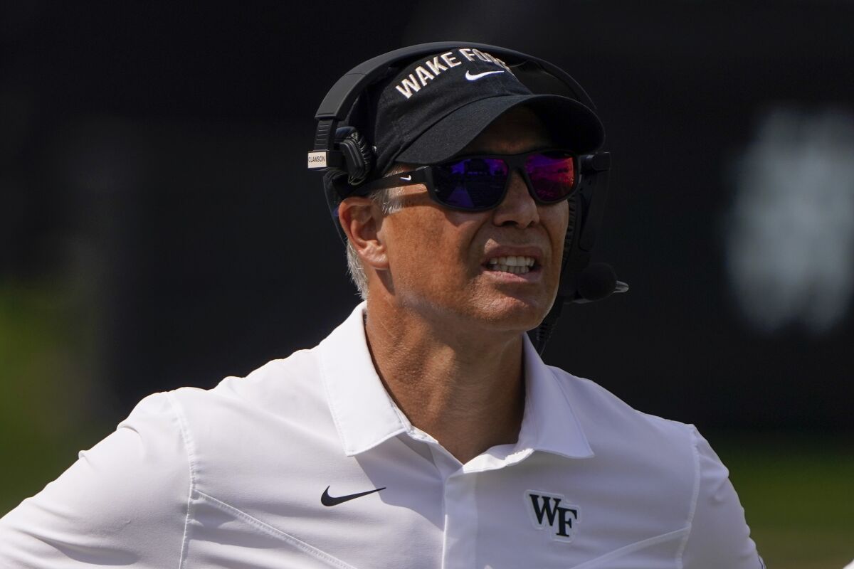 Wake Forest head coach Dave Clawson watches during the second half of a NCAA college football game against the Norfolk State Saturday, Sept. 11, 2021, in Winston-Salem, N.C. (AP Photo/Chris Carlson)
