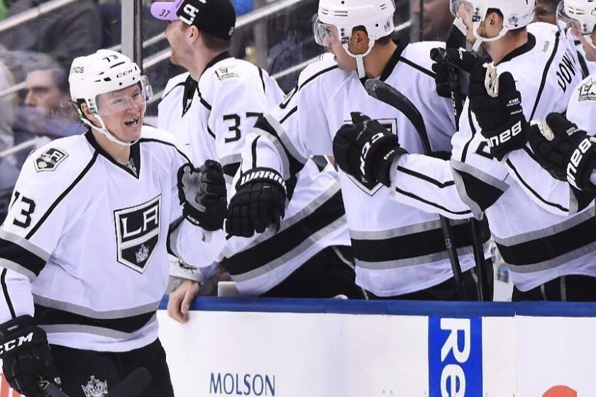 Kings forward Tyler Toffoli celebrates with his teammates after scoring a goal against the Maple Leafs during the second period of a game on Nov.8.