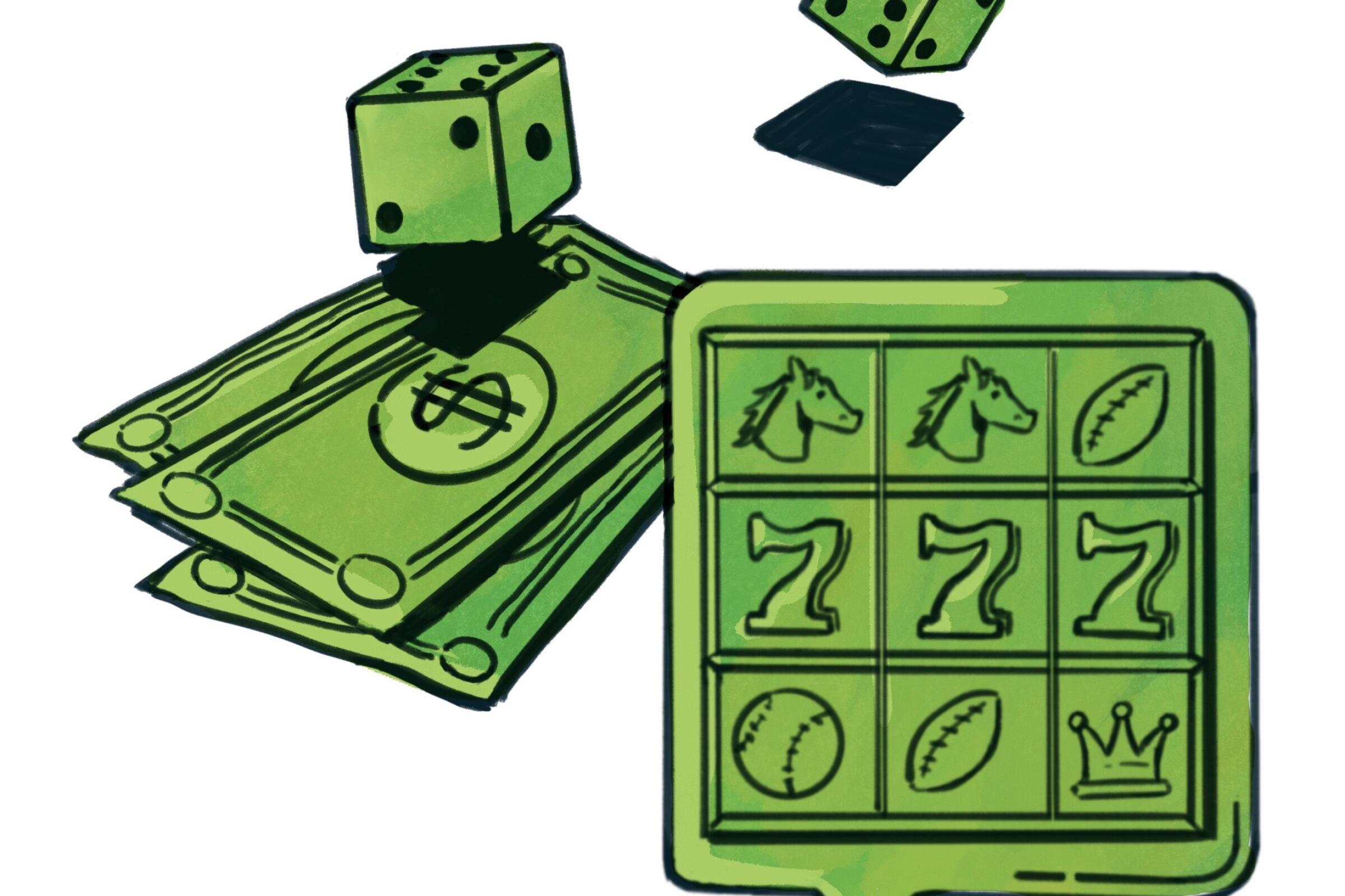 illustration of dice, cash, and a popup of a phone message displaying slot machine icons