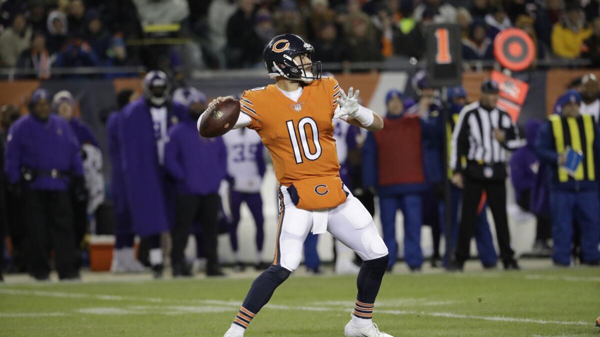 Chicago Bears quarterback Mitchell Trubisky (10) throws a pass during the first half against the Minnesota Vikings.