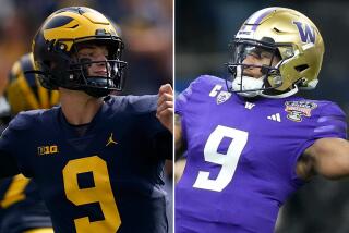 Michigan quarterback J.J. McCarthy and Washington quarterback Michael Penix Jr. side by side.