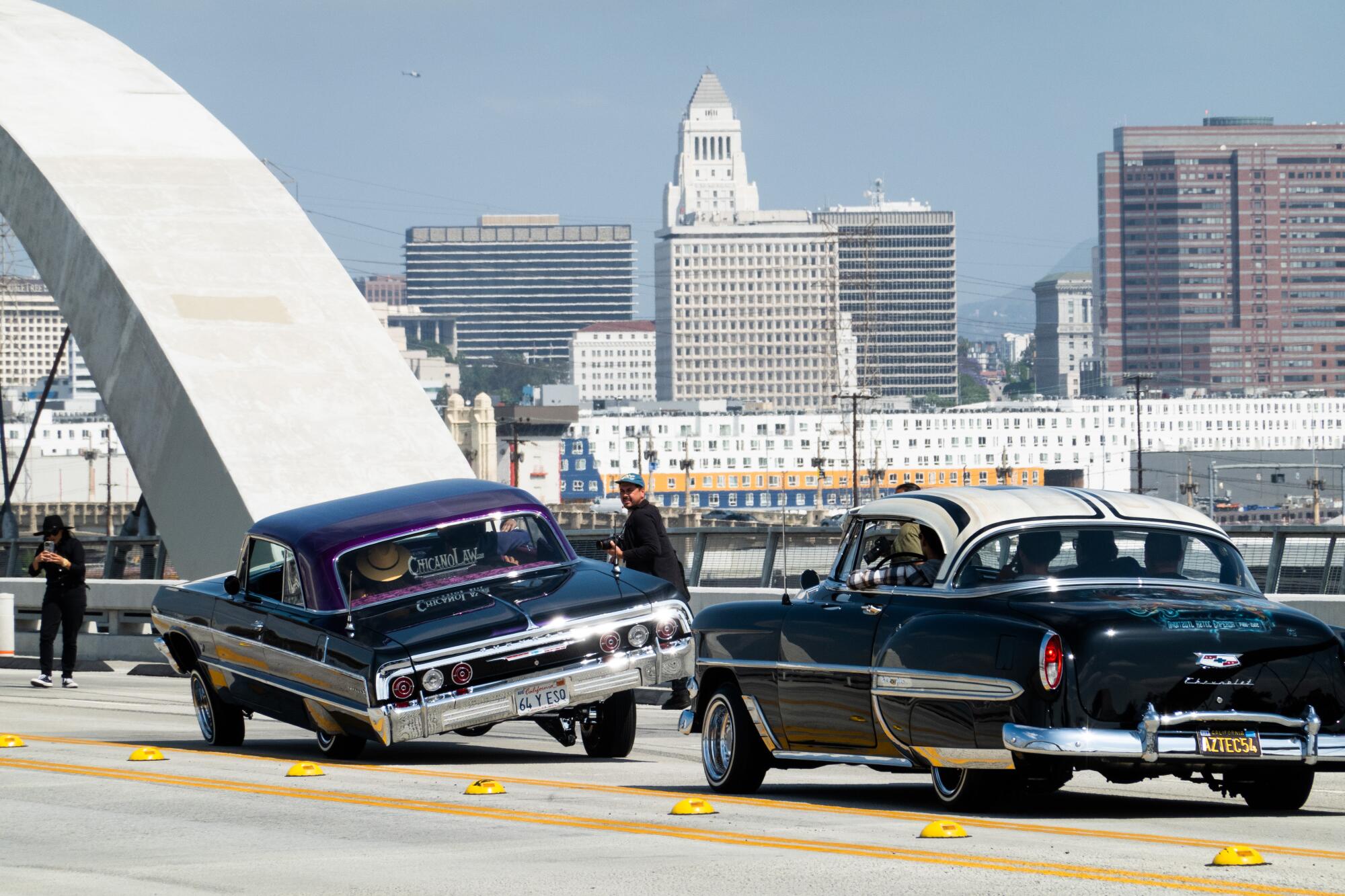Classic cars cross the 6th Street Viaduct 