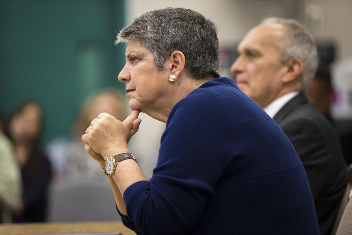 UC President Janet Napolitano, shown meeting with future UC students in April at Eleanor Roosevelt High School in Corona, has been undergoing treatment for cancer.