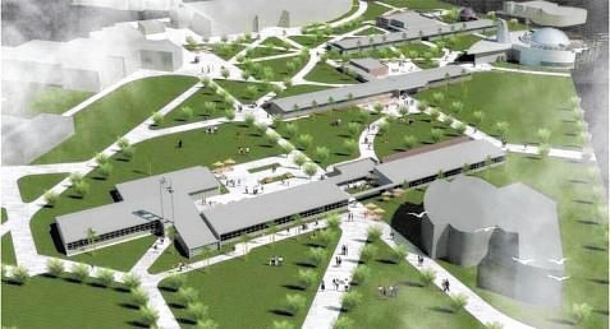 A bird's-eye view of the OCC campus with a revised location of the planned Planetarium and adaptively reused Math Wing and Planetarium complex to the upper right.