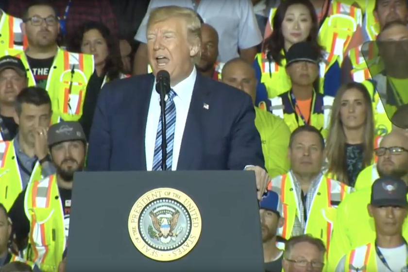 President Trump appears at an event at a Shell Oil facility in Pittsburgh, before an audience of workers threatened with losing overtime pay if they didn't attend.