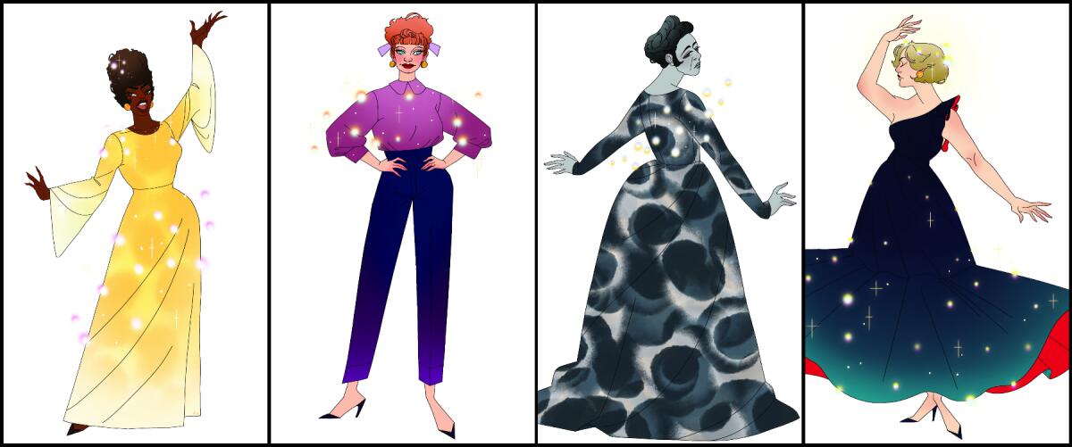 Illustrated representations of Aretha Franklin, Lucille Ball, Lady Macbeth and Princess Diana
