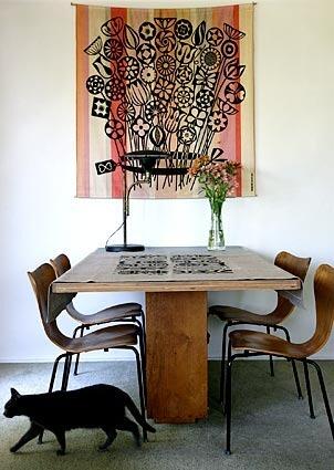 The dining table can accommodate six in a pinch. The chairs are vintage metal-and-wood Series 7 chairs by Danish designer Arne Jacobsen. The printed tablecloth is one of Magnuson's souvenirs from a visit to Kiruna, Sweden. Other linens are stored in the table's pedestal, which doubles as an open shelving unit. Above the table is an Alexander Girard textile that Magnuson purchased at Skank World in Los Angeles.