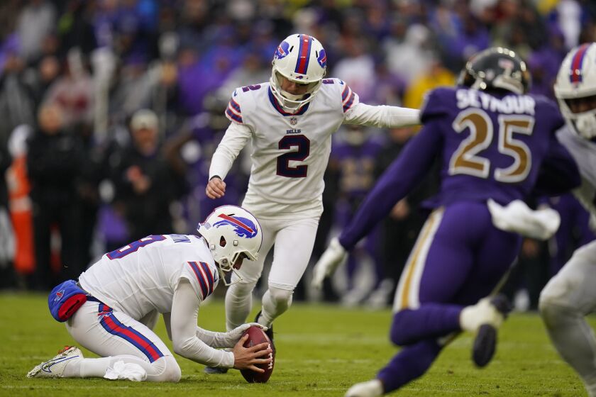 Buffalo Bills place kicker Tyler Bass (2) kicks a 21-yard field goal on the final play of the fourth quarter to give the Bills a 23-20 win over the Baltimore Ravens in an NFL football game Sunday, Oct. 2, 2022, in Baltimore. (AP Photo/Julio Cortez)