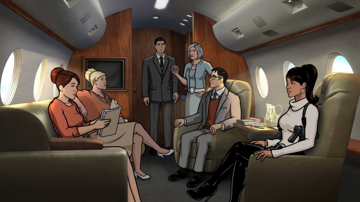 Jessica Walter's Malory Archer occupies a private plane's cabin with the cast of "Archer."
