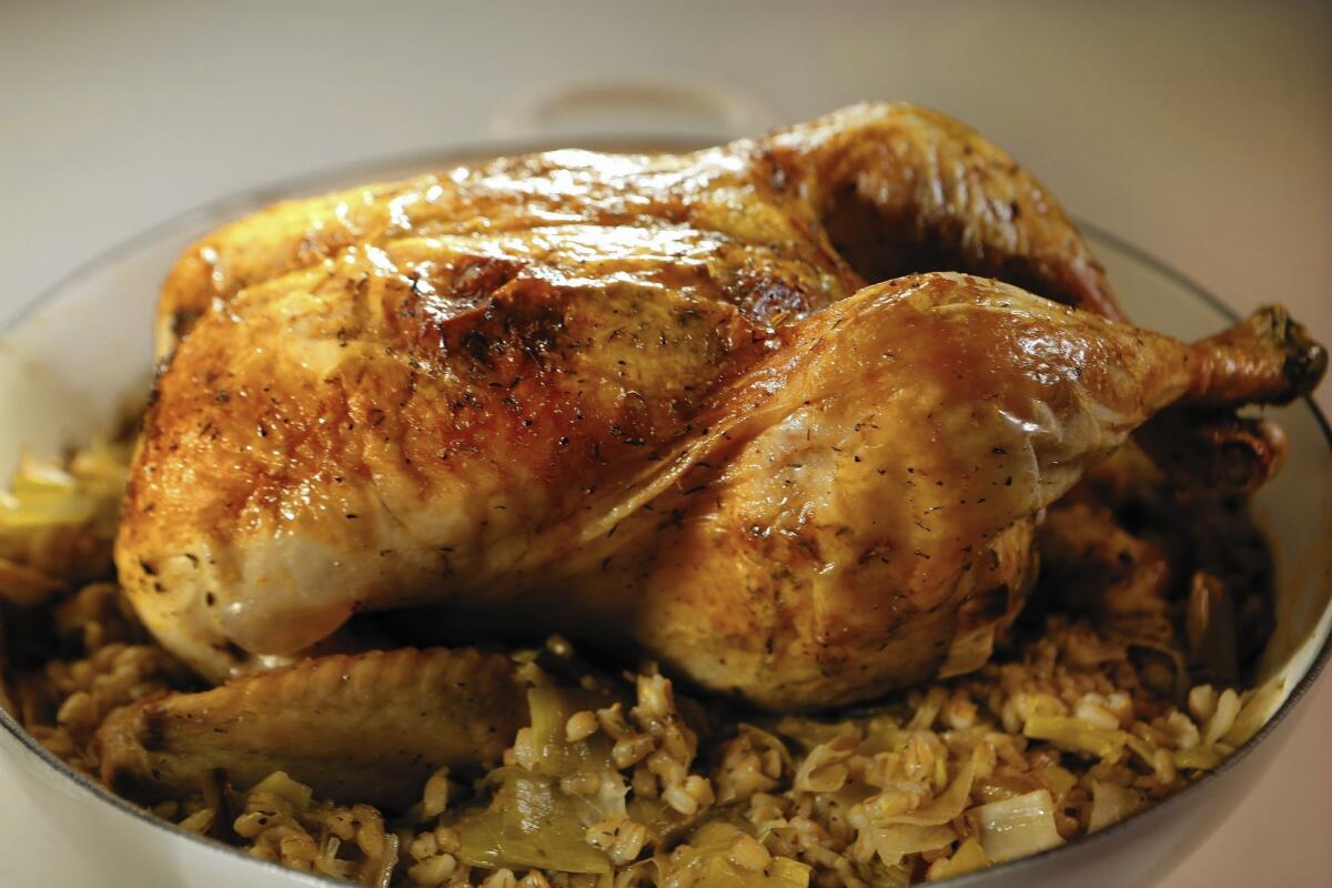 Roasted one-pan chicken with leeks and barley.