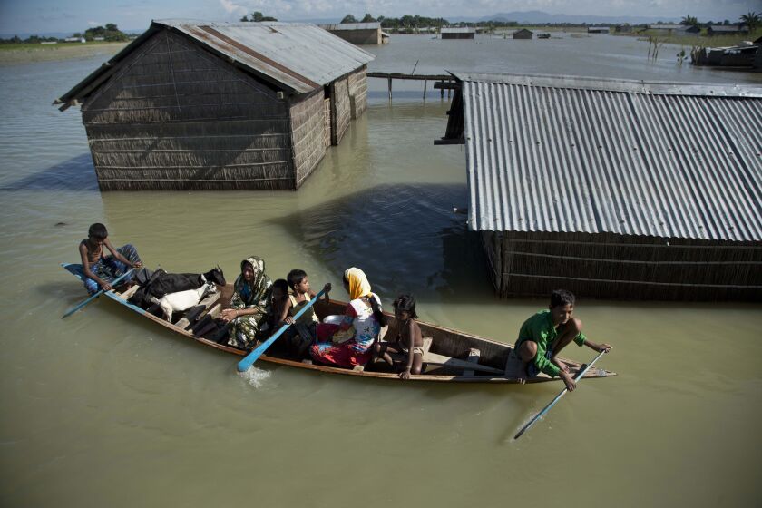 FILE - In this July 31, 2016, file photo, a flood-affected family with their goats travel on a boat in the Morigaon district, east of Gauhati, northeastern Assam state, India. Climate change could push more than 200 million people to move within their own countries in the next three decades and create migration hotspots unless urgent action is taken in the coming years to reduce global emissions and bridge the development gap, a World Bank report has found. The report published on Monday, Sept. 13, 2021 examines how long-term impacts of climate change such as water scarcity, decreasing crop productivity and rising sea levels could lead to millions of what the report describes as “climate migrants” by 2050. (AP Photo/Anupam Nath, File)