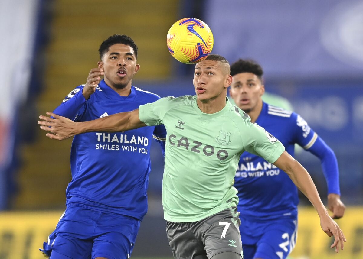 Leicester's Wesley Fofana, left, duels for the ball with Everton's Richarlison during the English Premier.
