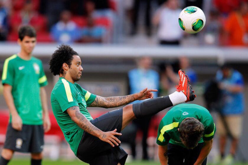 Brazil's Marcelo takes part in a team training session Friday in preparation for the FIFA Confederations Cup.