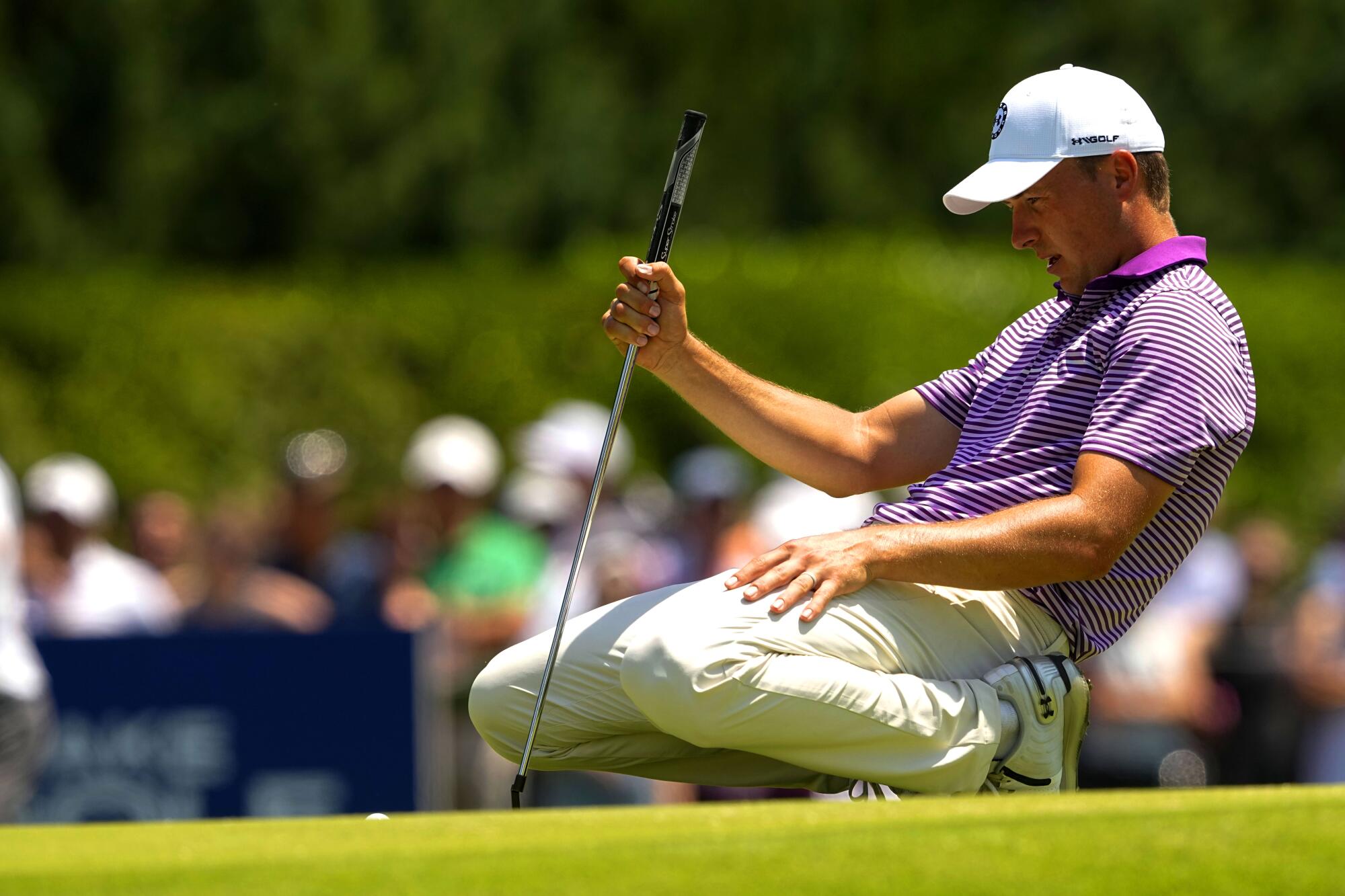 Jordan Spieth reacts after missing a putt on the sixth hole during the first round of the PGA Championship.