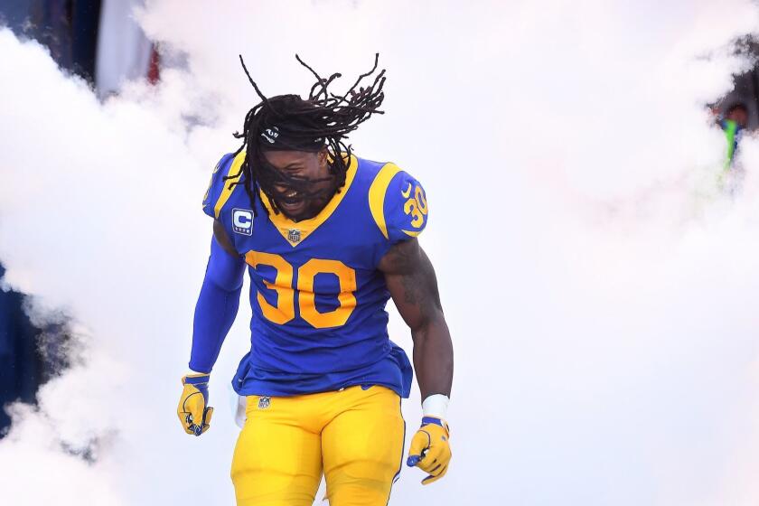 LOS ANGELES, SEPTEMBER 27, 2018-Rams running back Todd Gurley is introduced before a game with the VIkings at the Coliseum Thursday. (Wally Skalij/Los Angeles Times)